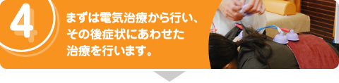 まずは電気治療から行い、その後症状にあわせた治療を行います。
